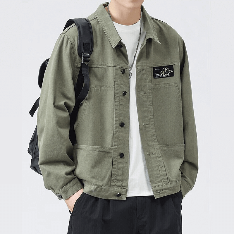 新款男士纯棉宽松工装牛仔上衣休闲外套男装夹克男 2201绿色 XL码（140-160斤）